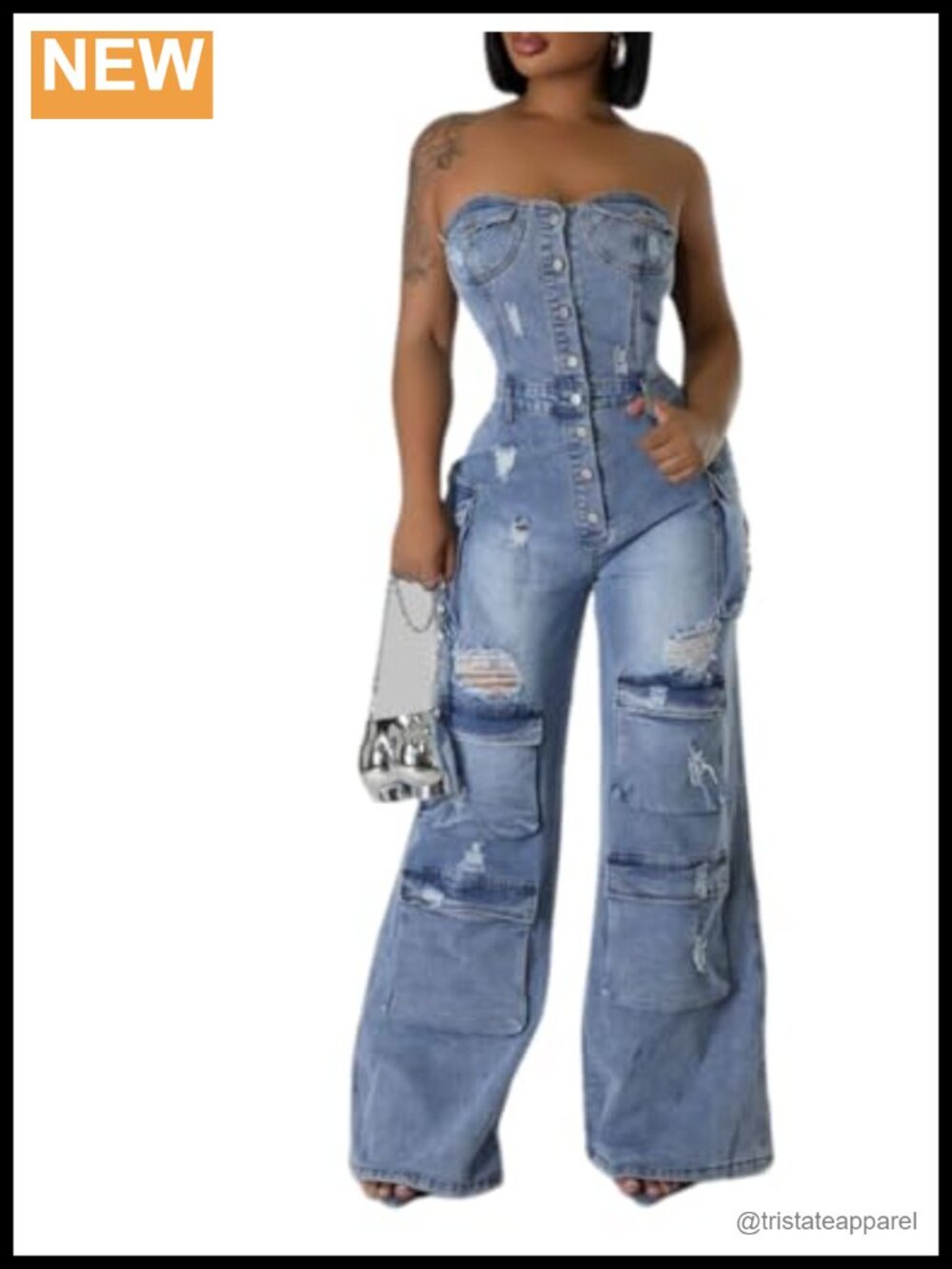 Strapless Wide Leg Denim Jumpsuit Multi Pockets Cargo Overalls Sleeveless